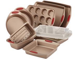 Rachael Ray Cucina Nonstick Bakeware 10-Piece Set in Latte Brown with Handle Grips in Cranberry Red Rachael Ray Cucina Nonstick Bakeware 10-Piece Set in Latte Brown with Handle Grips in Cranberry Red