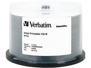 Verbatim CD-R 80MIN 700MB 52X DataLifePlus White Inkjet Printable, Hub Logo, 50pk Spindle Verbatim CD-R 80MIN 700MB 52X DataLifePlus White Inkjet Printable, Hub Logo, 50pk Spindle