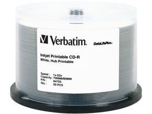 Verbatim 700MB 52X CD-R White Inkjet, Hub Printable 50 Packs Disc Model 94755 Verbatim 700MB 52X CD-R White Inkjet, Hub Printable 50 Packs Disc Model 94755