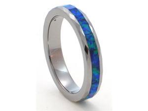 Faceted 4mm Precious Opal Tungsten Carbide Ring with Blue Inlays that flashes with Blue Fire with a Hint of Green Faceted 4mm Precious Opal Tungsten Carbide Ring with Blue Inlays that flashes with Blue Fire with a Hint of Green
