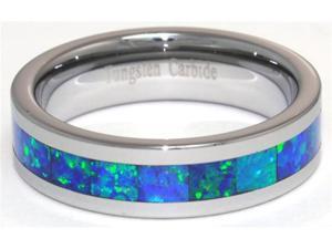 6mm Precious Opal Tungsten Carbide Ring with Blue and Slight Green Inlays that flash with fire 6mm Precious Opal Tungsten Carbide Ring with Blue and Slight Green Inlays that flash with fire