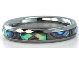 Narrow faceted tungsten carbide ring with mother of pearl inlays Narrow faceted tungsten carbide ring with mother of pearl inlays