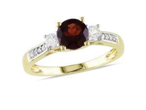 Amour 10k Yellow Gold 1 1/3ct TGW Garnet and Created White Sapphire with 0.05ct TDW Diamond Three Stone Ring (H-I, I2-I3) Amour 10k Yellow Gold 1 1/3ct TGW Garnet and Created White Sapphire with 0.05ct TDW Diamond Three Stone Ring (H-I, I2-I3)