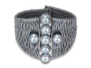 Amour Freshwater Grey Pearl with Two Silver Bars in Grey Leather Cord Wire Bracelet ( 9-10 mm) (7 in) Amour Freshwater Grey Pearl with Two Silver Bars in Grey Leather Cord Wire Bracelet ( 9-10 mm) (7 in)