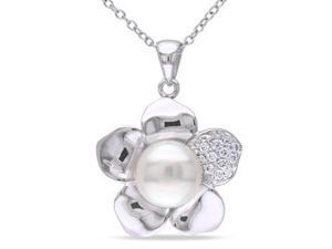 Amour Sterling Silver Freshwater Pearl and White Topaz Flower Pendant with Chain (9-10mm) (18in) Amour Sterling Silver Freshwater Pearl and White Topaz Flower Pendant with Chain (9-10mm) (18in)