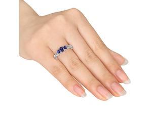 Amour 10k White Gold 1ct TGW Created Blue Sapphire and 1/8ct TDW Diamond Three Stone Ring (G-H, I2-I3) Amour 10k White Gold 1ct TGW Created Blue Sapphire and 1/8ct TDW Diamond Three Stone Ring (G-H, I2-I3)