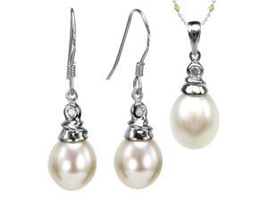 Dahlia Fine Jewelry - Crystal Top 8-9mm Drop Pearl Silver Pendant Necklace Earrings Set, White 18" Dahlia Fine Jewelry - Crystal Top 8-9mm Drop Pearl Silver Pendant Necklace Earrings Set, White 18"