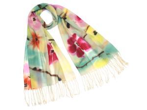 Dahlia Women's 100% Merino Wool Pashmina Scarf - Poppy Flower - White Dahlia Women's 100% Merino Wool Pashmina Scarf - Poppy Flower - White