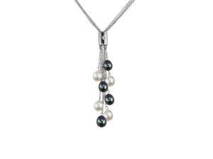 Black & White Cultured Pearl 4-Strand Silver Chain Lariat w. Bar Crystal Slider Black & White Cultured Pearl 4-Strand Silver Chain Lariat w. Bar Crystal Slider