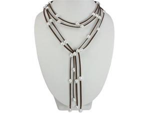 Brown Double Strand Floating White 9-10mm Pearls Suede Lariat Necklace Brown Double Strand Floating White 9-10mm Pearls Suede Lariat Necklace