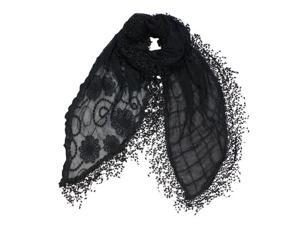 Cotton Polyester Half Embroidered Flowers & Solid Lace Long Scarf - Black Cotton Polyester Half Embroidered Flowers & Solid Lace Long Scarf - Black