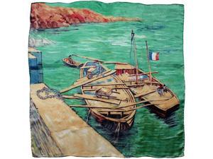 100% Charmeuse Silk Van Gogh's "Landing Stage with Boats" Square Scarf Shawl 100% Charmeuse Silk Van Gogh's "Landing Stage with Boats" Square Scarf Shawl