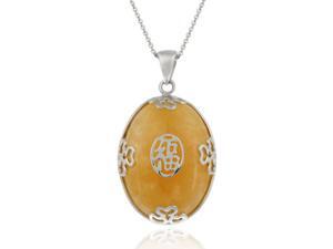 Sterling Silver and Chinese Honey Jade 'Happiness' Oval Shaped Pendant Sterling Silver and Chinese Honey Jade 'Happiness' Oval Shaped Pendant