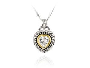 Sterling Silver Two Tone Designer Inspired CZ Heart Pendant w/ Beaded Border Sterling Silver Two Tone Designer Inspired CZ Heart Pendant w/ Beaded Border