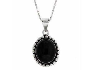 Serling Silver Genuine Onyx Stone Bali Bead Oval Pendant Serling Silver Genuine Onyx Stone Bali Bead Oval Pendant
