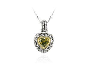 Sterling Silver Two Tone Designer Inspired Olive CZ Heart Pendant w/ Braided Bor Sterling Silver Two Tone Designer Inspired Olive CZ Heart Pendant w/ Braided Bor
