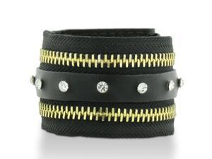 Black Leather Rhinestone Adorned and Gold Tone Zipper Cuff Bracelet Black Leather Rhinestone Adorned and Gold Tone Zipper Cuff Bracelet