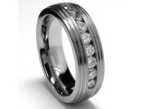 Grooved Men's Titanium Ring Wedding Band with 9 Cubic Zirconia Grooved Men's Titanium Ring Wedding Band with 9 Cubic Zirconia