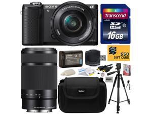 Sony Alpha A5000 20.1 MP Interchangeable Lens Camera with 16-50mm & 55-210mm F4.5-6.3 OSS Lens with 16GB Class 10 SDHC Memory Card + NP-FW50 Battery + Tripod + Carrying Case + $50 Gift Card Sony Alpha A5000 20.1 MP Interchangeable Lens Camera with 16-50mm & 55-210mm F4.5-6.3 OSS Lens with 16GB Class 10 SDHC Memory Card + NP-FW50 Battery + Tripod + Carrying Case + $50 Gift Card