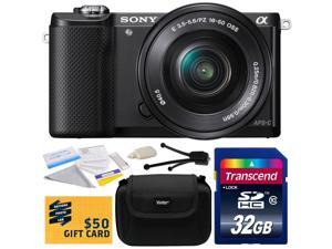Sony Alpha A5000 20.1 MP Interchangeable Mirrorless Lens Camera with 16-50mm OSS Lens ILCE5000L with 32GB Class 10 SDHC Memory Card + Carrying Case + Camera Lens Cleaning Kit + Bonus $50 Gift Card Sony Alpha A5000 20.1 MP Interchangeable Mirrorless Lens Camera with 16-50mm OSS Lens ILCE5000L with 32GB Class 10 SDHC Memory Card + Carrying Case + Camera Lens Cleaning Kit + Bonus $50 Gift Card