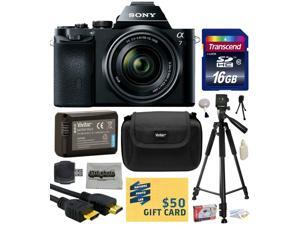 Sony a7K A7 Full-Frame DSLR 24.3 MP Interchangeable Digital Lens Camera with FE 28-70mm f/3.5-5.6 OSS Lens with 16GB Memory Card + NP-FW50 Battery + Tripod + Carrying Case + Cleaning Kit + $50 Card Sony a7K A7 Full-Frame DSLR 24.3 MP Interchangeable Digital Lens Camera with FE 28-70mm f/3.5-5.6 OSS Lens with 16GB Memory Card + NP-FW50 Battery + Tripod + Carrying Case + Cleaning Kit + $50 Card