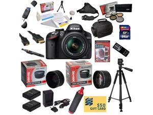 Nikon D3200 Digital SLR Camera with 18-55mm NIKKOR VR Lens With 64GB SDXC Card, Reader, 2 Batteries, Charger, 0.43x + 2.2x Lens, 5 Filter Kit, Case, Tripod, Handgrip, Strap, DVD, $50 Gift Card, More Nikon D3200 Digital SLR Camera with 18-55mm NIKKOR VR Lens With 64GB SDXC Card, Reader, 2 Batteries, Charger, 0.43x + 2.2x Lens, 5 Filter Kit, Case, Tripod, Handgrip, Strap, DVD, $50 Gift Card, More