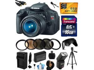 Canon EOS Rebel T3i Digital SLR Camera with EF-S 18-55mm f/3.5-5.6 IS Lens with 16GB Memory, Flash, Battery, Charger, Lens Hood, 5 PC Filters, Grip Strap, Cleaning Kit, $50 Gift Card 5169B003 Canon EOS Rebel T3i Digital SLR Camera with EF-S 18-55mm f/3.5-5.6 IS Lens with 16GB Memory, Flash, Battery, Charger, Lens Hood, 5 PC Filters, Grip Strap, Cleaning Kit, $50 Gift Card 5169B003