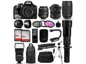 Nikon D3200 DSLR Digital Camera + 18-55mm VR + 6.5mm Fisheye + 55-300mm VR + 650-2600mm Lens + Filters + 128GB Memory + Action Stabilizer + i-TTL Autofocus Flash + Backpack + Case + 70" Tripod Nikon D3200 DSLR Digital Camera + 18-55mm VR + 6.5mm Fisheye + 55-300mm VR + 650-2600mm Lens + Filters + 128GB Memory + Action Stabilizer + i-TTL Autofocus Flash + Backpack + Case + 70" Tripod