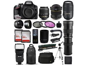 Nikon D3200 DSLR Digital Camera + 18-55mm VR + 6.5mm Fisheye + 55-300mm VR + 420-1600mm Lens + Filters + 128GB Memory + Action Stabilizer + i-TTL Autofocus Flash + Backpack + Case + 70" Tripod Nikon D3200 DSLR Digital Camera + 18-55mm VR + 6.5mm Fisheye + 55-300mm VR + 420-1600mm Lens + Filters + 128GB Memory + Action Stabilizer + i-TTL Autofocus Flash + Backpack + Case + 70" Tripod