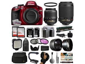 Nikon D3200 Red DSLR Digital Camera with 18-55mm VR + 55-200mm VR Lens + 128GB Memory + 2 Batteries + Charger + LED Video Light + Backpack + Case + Filters + Auxiliary Lenses + $50 Gift Card + More! Nikon D3200 Red DSLR Digital Camera with 18-55mm VR + 55-200mm VR Lens + 128GB Memory + 2 Batteries + Charger + LED Video Light + Backpack + Case + Filters + Auxiliary Lenses + $50 Gift Card + More!