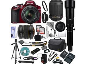 Red Nikon D3200 DSLR Camera 18-55mm + 55-200mm AF-S DX VR Lense Kit + 6.5mm Fisheye + 2600mm Super Telephoto + 32GB Memory + Bounce Swivel Flash + Tripod + Padded Bag + UV CPL FLD Filter Kit + Remote Red Nikon D3200 DSLR Camera 18-55mm + 55-200mm AF-S DX VR Lense Kit + 6.5mm Fisheye + 2600mm Super Telephoto + 32GB Memory + Bounce Swivel Flash + Tripod + Padded Bag + UV CPL FLD Filter Kit + Remote