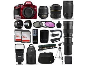 Nikon D3200 Red DSLR Digital Camera + 18-55mm VR + 6.5mm Fisheye + 55-300mm VR + 420-1600mm Lens + Filters + 128GB Memory + Action Stabilizer + i-TTL Autofocus Flash + Backpack + Case + 70" Tripod Nikon D3200 Red DSLR Digital Camera + 18-55mm VR + 6.5mm Fisheye + 55-300mm VR + 420-1600mm Lens + Filters + 128GB Memory + Action Stabilizer + i-TTL Autofocus Flash + Backpack + Case + 70" Tripod
