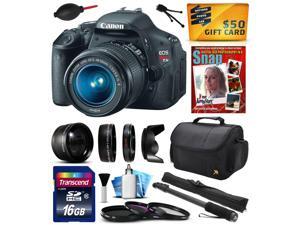 Canon EOS Rebel T3i Digital SLR Camera with EF-S 18-55mm f/3.5-5.6 IS Lens with 16GB Memory + 2.2x + 0.43x Lens + Hood + 3 Piece Filters + 67" Monopod + DVD + Cleaning Kit + $50 Gift Card 5169B003 Canon EOS Rebel T3i Digital SLR Camera with EF-S 18-55mm f/3.5-5.6 IS Lens with 16GB Memory + 2.2x + 0.43x Lens + Hood + 3 Piece Filters + 67" Monopod + DVD + Cleaning Kit + $50 Gift Card 5169B003