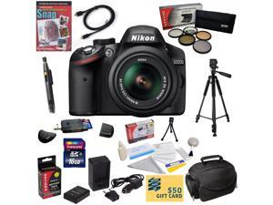 Nikon D3200 Digital SLR Camera with 18-55mm NIKKOR VR Lens With 16GB SDHC Card, Reader, Battery, Charger, 5 PC Filter Kit, HDMI Cable, Case, Tripod, Lens Pen, Cleaning Kit, DVD, $50 Gift Card, More Nikon D3200 Digital SLR Camera with 18-55mm NIKKOR VR Lens With 16GB SDHC Card, Reader, Battery, Charger, 5 PC Filter Kit, HDMI Cable, Case, Tripod, Lens Pen, Cleaning Kit, DVD, $50 Gift Card, More