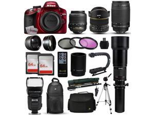 Nikon D3200 Red DSLR Digital Camera + 18-55mm VR + 6.5mm Fisheye + 55-300mm VR + 650-2600mm Lens + Filters + 128GB Memory + Action Stabilizer + i-TTL Autofocus Flash + Backpack + Case + 70" Tripod Nikon D3200 Red DSLR Digital Camera + 18-55mm VR + 6.5mm Fisheye + 55-300mm VR + 650-2600mm Lens + Filters + 128GB Memory + Action Stabilizer + i-TTL Autofocus Flash + Backpack + Case + 70" Tripod