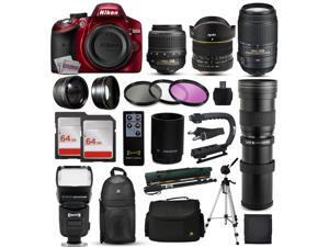 Nikon D3200 Red DSLR Digital Camera + 18-55mm VR + 6.5mm Fisheye + 55-300mm VR + 420-1600mm Lens + Filters + 128GB Memory + Action Stabilizer + i-TTL Autofocus Flash + Backpack + Case + 70" Tripod Nikon D3200 Red DSLR Digital Camera + 18-55mm VR + 6.5mm Fisheye + 55-300mm VR + 420-1600mm Lens + Filters + 128GB Memory + Action Stabilizer + i-TTL Autofocus Flash + Backpack + Case + 70" Tripod