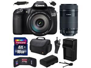 Canon EOS 60D 18 MP CMOS Digital SLR Camera with EF-S 18-200mm f/3.5-5.6 IS and EF-S 55-250mm f/4-5.6 IS STM Lens with 16GB Memory + Large Case + Extra Battery + Travel Charger + Cleaning Kit 4460B016 Canon EOS 60D 18 MP CMOS Digital SLR Camera with EF-S 18-200mm f/3.5-5.6 IS and EF-S 55-250mm f/4-5.6 IS STM Lens with 16GB Memory + Large Case + Extra Battery + Travel Charger + Cleaning Kit 4460B016