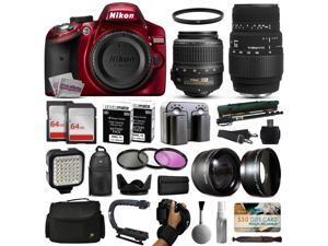 Nikon D3200 Red DSLR Digital Camera + 18-55mm VR + Sigma 70-300mm Lens + 128GB Memory + 2 Batteries + Charger + LED Video Light + Backpack + Case + Filters + Auxiliary Lenses + $50 Gift Card + More! Nikon D3200 Red DSLR Digital Camera + 18-55mm VR + Sigma 70-300mm Lens + 128GB Memory + 2 Batteries + Charger + LED Video Light + Backpack + Case + Filters + Auxiliary Lenses + $50 Gift Card + More!