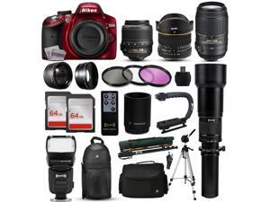 Nikon D3200 Red DSLR Digital Camera + 18-55mm VR + 6.5mm Fisheye + 55-300mm VR + 650-2600mm Lens + Filters + 128GB Memory + Action Stabilizer + i-TTL Autofocus Flash + Backpack + Case + 70" Tripod Nikon D3200 Red DSLR Digital Camera + 18-55mm VR + 6.5mm Fisheye + 55-300mm VR + 650-2600mm Lens + Filters + 128GB Memory + Action Stabilizer + i-TTL Autofocus Flash + Backpack + Case + 70" Tripod