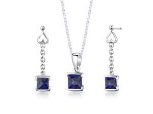 Sterling Silver Princess Cut Sapphire Pendant Earrings and 18 inch Necklace Set Sterling Silver Princess Cut Sapphire Pendant Earrings and 18 inch Necklace Set