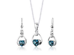 Sterling Silver 2.25 carats total weight Heart Shape London Blue Topaz Pendant Earrings and 18 inch Necklace Set Sterling Silver 2.25 carats total weight Heart Shape London Blue Topaz Pendant Earrings and 18 inch Necklace Set