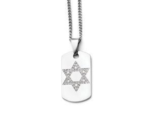 Stainless Steel Star of David Cubic Zirconia Dog Tag Polished Necklace Stainless Steel Star of David Cubic Zirconia Dog Tag Polished Necklace