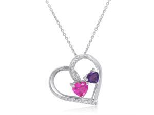 Created-Pink Sapphire, Amethyst and Diamond Double Heart Necklace in Sterling Silver Created-Pink Sapphire, Amethyst and Diamond Double Heart Necklace in Sterling Silver