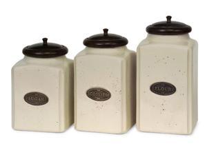 Set of 3 Labeled Ivory Ceramic Kitchen Canisters with Lids Set of 3 Labeled Ivory Ceramic Kitchen Canisters with Lids