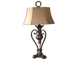 36" Golden Bronze Metal Scrollwork & Taupe Hexagonal Bell Shade Table Lamp 36" Golden Bronze Metal Scrollwork & Taupe Hexagonal Bell Shade Table Lamp