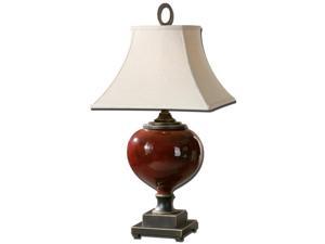 33" Distressed Burgundy Ceramic, Bronze & Off-White Square Bell Shade Table Lamp 33" Distressed Burgundy Ceramic, Bronze & Off-White Square Bell Shade Table Lamp