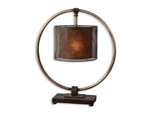 28" Rustic Dark Bronze Ring, Pierced Metal & Mica Round Drum Shade Table Lamp 28" Rustic Dark Bronze Ring, Pierced Metal & Mica Round Drum Shade Table Lamp
