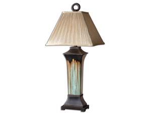 37" Green Porcelain & Champagne Rectangular Bell Shade Table Lamp 37" Green Porcelain & Champagne Rectangular Bell Shade Table Lamp
