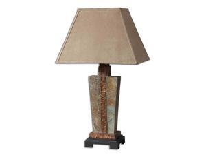 29" Slate Trapezoid, Hammered Copper & Brown Rectangular Bell Shade Table Lamp 29" Slate Trapezoid, Hammered Copper & Brown Rectangular Bell Shade Table Lamp