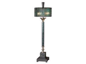 38" Blue-Green Water Glass, Chrome, Black & Round Drum Shade Buffet Table Lamp 38" Blue-Green Water Glass, Chrome, Black & Round Drum Shade Buffet Table Lamp